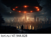 Solitary figure stands by the water, observing a fleet of ominous UFOs descending upon a modern cityscape under the cover of night. Стоковое AI-изображение, AI-художник Данила Большаков / Фотобанк Лори