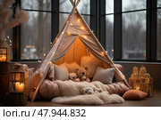 Teepee-like tent is set up in a corner of a room. It is filled with pillows and a lighted string light. There are stuffed animals and a lantern on the floor. The tent is made of string and blankets. Стоковое AI-изображение, AI-художник Данила Большаков / Фотобанк Лори