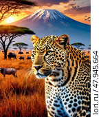 The leopard (Lat. Panthera pardus) is a species of predatory mammals of the cat family, belonging to the subfamily of big cats. The species' range covers Africa and the southern half of Asia. Стоковое AI-изображение, AI-художник Сергей Елизарьев / Фотобанк Лори