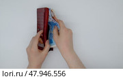 Hands put money in a red wallet. Стоковое видео, видеограф Катерина Белякина / Фотобанк Лори