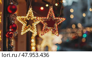 City streets advent Christmas decorations by night. Festive Xmas decor, colorful ornaments in urban setting. Holiday decorations of building or shops glow brightly, shiny stars. Illuminated ornaments. Стоковое AI-видео, аниматор Марина Демидюк / Фотобанк Лори