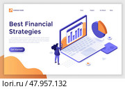 Landing page with marketer learning data analytics on laptop. E marketing concept isometric vector illustration. Maintaining successful strategy of SMM. Digital entrepreneur 3d composition. Стоковая иллюстрация, иллюстратор Андрей Красовицкий / Фотобанк Лори