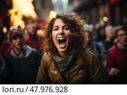 Amidst the buzzing crowd, a lone woman screams, her face contorted with raw emotion as her cries reverberate through the chaotic cityscape. Стоковое AI-изображение, AI-художник Данила Большаков / Фотобанк Лори