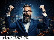 Mature man with a formidable beard and mustache in striking blue suit, showcasing his strength and resolve as he raises his fists in determination at captivating cityscape background. Стоковое AI-изображение, AI-художник Данила Большаков / Фотобанк Лори