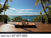 Delightful wooden deck adorned with scrumptious tray of mouthwatering food, inviting you to savor perfect combination of nature and gastronomic delight. Стоковое AI-изображение, AI-художник Данила Большаков / Фотобанк Лори
