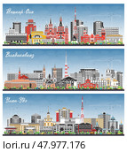 Ulan-Ude, Vladikavkaz and Yoshkar Ola Russia city skyline set with color buildings and blue sky. Cityscape with landmarks. Стоковая иллюстрация, иллюстратор Игорь Сорокин / Фотобанк Лори