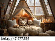 Dreams and Adventures: A Cozy Room With a Teepee Tent and a Delightful Gathering of Stuffed Animals. Стоковое AI-изображение, AI-художник Данила Большаков / Фотобанк Лори