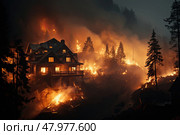 Infernos Embrace: Majestic Mansion Ravaged by Fiery Destruction in Enchanting Forest. Стоковое AI-изображение, AI-художник Данила Большаков / Фотобанк Лори