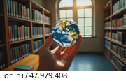 A person is holding a globe in a library. The globe is placed on a table in front of a window. Стоковое AI-видео, аниматор Виктория Кольцова / Фотобанк Лори