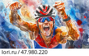 A triumphant athlete expresses joy and determination after winning a cycling race, radiating energy against a vibrant, artistic background. Стоковое AI-изображение, AI-художник Данила Большаков / Фотобанк Лори