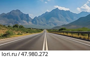 Perspective view of a highway with a dividing line going into the distance against the background of mountains. Стоковое AI-видео, аниматор Михаил Строгалев / Фотобанк Лори