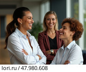Team Members Laughing and Engaging During a Corporate Briefing in a Bright Office; a Glimpse of Team Building and Culture. Стоковое AI-изображение, AI-художник Sergey Grishin / Фотобанк Лори