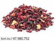 Roselle or Hibiscus tea pile isolated on a white background. Dry karkade flowers petals heap of dried herbal tea. Indian spices. Mockup of aromatic Fruit Red Tea, Dried Herbal Beverage. Carcade. Стоковое AI-изображение, AI-художник Марина Демидюк / Фотобанк Лори