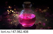 Bright pink potion with sparkles enclosed in a corked glass bottle surrounded by soft light and petals at night. Стоковое AI-изображение, AI-художник Сергей Толмачёв / Фотобанк Лори