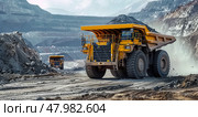 The industrial site at the openpit mine is bustling with yellow mining trucks and heavy machinery on a sunny day. Стоковое AI-изображение, AI-художник Anastasy Yarmolovich / Фотобанк Лори