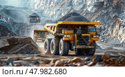 The industrial site at the openpit mine is bustling with yellow mining trucks and heavy machinery on a sunny day. Стоковое AI-изображение, AI-художник Anastasy Yarmolovich / Фотобанк Лори