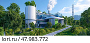 An EcoFriendly Industrial Complex, Magnificently Surrounded by Lush Greenery and Innovative Clean Energy Solutions. Стоковое AI-изображение, AI-художник Anastasy Yarmolovich / Фотобанк Лори