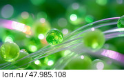 Delicate green orbs shimmer against wispy strands in a vibrant, abstract background full of light and depth. Стоковое AI-изображение, AI-художник Сергей Толмачёв / Фотобанк Лори