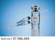 Vaccination for revaccination against measles, mumps and rubella. MMR campaign. Doctor with a vial of measles, mumps and rubella vaccine doses. Medicine and healthcare concept. 3d render. Стоковая иллюстрация, иллюстратор Alexander / Фотобанк Лори