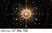 Starburst design featuring a central orb with rays emanating in a cosmic backdrop with stars and zodiac symbols. Стоковое AI-изображение, AI-художник Сергей Толмачёв / Фотобанк Лори