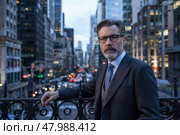 Respectable and serious man wearing glasses on the street. Стоковое AI-изображение, AI-художник Дмитрий Киселёв / Фотобанк Лори