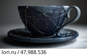 Unique cosmic design of a dark ceramic cup with star constellations on a saucer. Стоковое AI-изображение, AI-художник Сергей Толмачёв / Фотобанк Лори