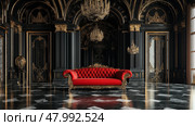 Elegant opulent interior with red velvet furniture in a luxurious black and gold room. Стоковое AI-изображение, AI-художник Михаил Коханчиков / Фотобанк Лори