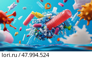 Microscopic bacteria breaking down plastic waste in ocean water, Biodegradation. Стоковое AI-изображение, AI-художник Anastasy Yarmolovich / Фотобанк Лори