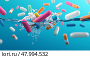 Microscopic bacteria breaking down plastic waste in ocean water, Biodegradation. Стоковое AI-изображение, AI-художник Anastasy Yarmolovich / Фотобанк Лори