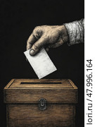 A hand lowers a blank ballot into a wooden ballot box in a dimly lit polling station, highlighting the act of voting in a democratic process. Стоковое AI-изображение, AI-художник Данила Большаков / Фотобанк Лори