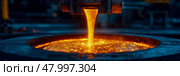Bright molten metal cascades into a crucible within a dark foundry, showcasing the intense process of metalworking in progress. Стоковое AI-изображение, AI-художник Данила Большаков / Фотобанк Лори