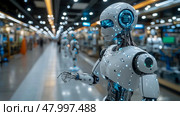 Humanoid robots with glowing features stand in a busy exhibition hall showcasing innovative technology and advancements in robotics. Стоковое AI-изображение, AI-художник Данила Большаков / Фотобанк Лори