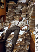 An office worker takes a break while lying on stacks of disorganized paperwork in a chaotic workspace filled with documents and files. Стоковое AI-изображение, AI-художник Данила Большаков / Фотобанк Лори
