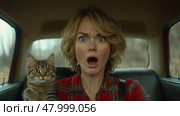 In a car, a woman shows an expression of surprise while gripping a small kitten, both seemingly startled by an unexpected event on a gloomy day. Стоковое AI-изображение, AI-художник Данила Большаков / Фотобанк Лори