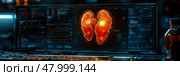 High-resolution visualization displays biological data resembling human lungs on a high-tech monitor in a futuristic laboratory environment at night. Стоковое AI-изображение, AI-художник Данила Большаков / Фотобанк Лори