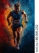 A male athlete sprints energetically, muscles defined, amidst a vivid burst of colors, embodying the spirit of competition and perseverance. Стоковое AI-изображение, AI-художник Данила Большаков / Фотобанк Лори
