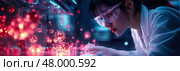 A female scientist examines viral particles under bright lab lights, carefully documenting findings in a high-tech laboratory environment after dark. Стоковое AI-изображение, AI-художник Данила Большаков / Фотобанк Лори
