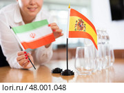 Unrecognizable girl sets midget flags of Spain and Iran before international negotiations. Стоковое фото, фотограф Яков Филимонов / Фотобанк Лори