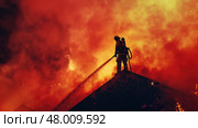 Firefighters extinguish flames engulfing a building under a fiery sky at night. Стоковое AI-изображение, AI-художник Данила Большаков / Фотобанк Лори