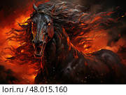 A black horse gallops through vibrant flames, embodying strength and untamed spirit against a dramatic backdrop. Стоковое AI-изображение, AI-художник Данила Большаков / Фотобанк Лори