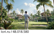 A golfer focuses intently while preparing to putt on a sunlit, tropical golf course. Стоковое AI-изображение, AI-художник Данила Большаков / Фотобанк Лори