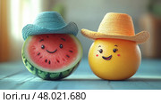 Cute fruits with tiny funny hats, watermelon with cowboy hat, orange with sunhat. Симпатичные фрукты в маленьких смешных шляпах, арбуз в ковбойской шляпе, апельсин в шляпе от солнца. Стоковое AI-изображение, AI-художник Katsiaryna Repich / Фотобанк Лори