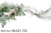 Two dairy cows emerging from splash of milk with white flowers on pastel background, conceptual and artistic milk advertisement. Две дойные коровы, выходящие из брызг молока с белыми цветами на пастельном фоне, концептуальная и художественная реклама молока. Стоковое AI-изображение, AI-художник Katsiaryna Repich / Фотобанк Лори