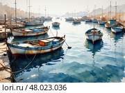 Tranquil mediterranean harbor scene with rustic boats reflecting on calm waters. Стоковое AI-изображение, AI-художник Башкирова Анна / Фотобанк Лори