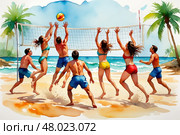 Young adults playing beach volleyball on a sunny day. Стоковое AI-изображение, AI-художник Башкирова Анна / Фотобанк Лори