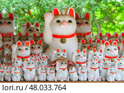 Tokyo, Japan - Sep 30 2024, A close-up view of many multi-sized white beckoning cat figure of Maneki neko with red ears and noses displayed at Gotokuji Temple, without people, at daytime, Tokyo, Japan. Стоковое фото, фотограф Сергей Богомяко / Фотобанк Лори