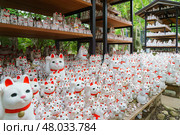 Tokyo, Japan - Sep 30 2024, A close-up view of many multi-sized white beckoning cat figure of Maneki neko with red ears and noses displayed at Gotokuji Temple, without people, at daytime, Tokyo, Japan. Редакционное фото, фотограф Сергей Богомяко / Фотобанк Лори