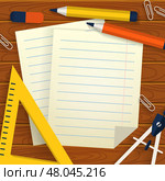 School background with stationery, paper sheets and place for text. Vector illustration. Стоковая иллюстрация, иллюстратор Юлия Малиновская / Фотобанк Лори