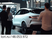 Dealer New Cars Stock. Cars For Sale Lot. Rear view of new luxury white car parked in a row. Selective focus on white shiny car. Car dealership concept. Automotive industry sanction crisis concept. Стоковое AI-изображение, AI-художник Марина Демидюк / Фотобанк Лори