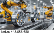 Robotic arm handling alloy wheel in automated factory. Стоковое AI-видео, аниматор Юрий Поздников / Фотобанк Лори